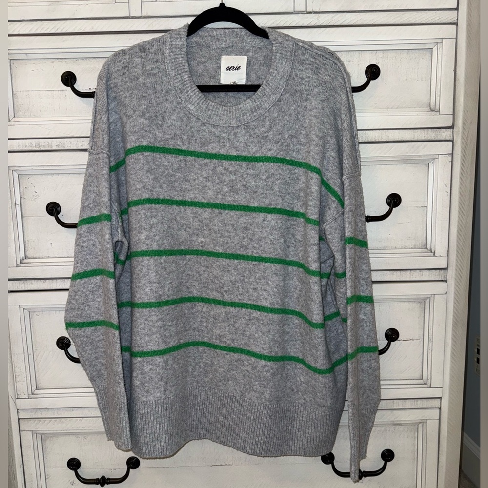 Aerie Gray Crewneck Sweater with Green Stripes Size M